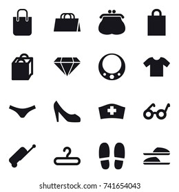 16 vector icon set : shopping bag, purse, diamond, necklace, t-shirt, underpants, shoes, suitcase, hanger, slippers