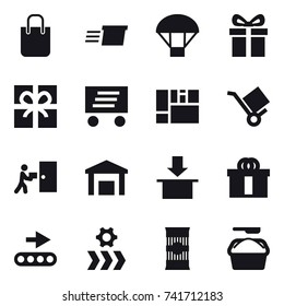 16 vector icon set : shopping bag, delivery, parachute, gift, washing powder