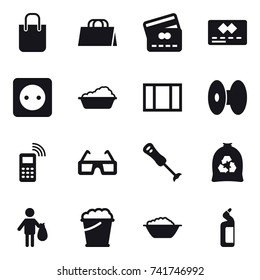 16 vector icon set : shopping bag, credit card, power socket, washing, window, garbage bag, trash, foam bucket, foam basin, toilet cleanser