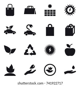 16 vector icon set : shopping bag, sun power, eco car, electric car, apple, sprouting, hand leaf, ecology, hand and drop