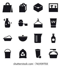 16 vector icon set : shopping bag, box, tools, cleanser, uv cream, washing, cauldron, measuring cup, bucket, garbage bag, trash bin, washing powder