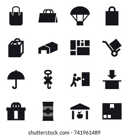 16 vector icon set : shopping bag, parachute, warehouse, package
