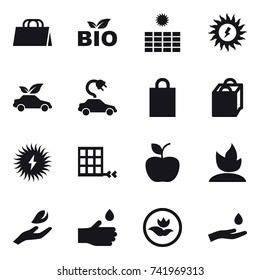 16 vector icon set : shopping bag, bio, sun power, eco car, electric car, apple, sprouting, hand leaf, hand drop, ecology, hand and drop