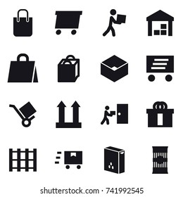 16 vector icon set : shopping bag, delivery, courier, warehouse, box