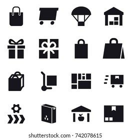 16 vector icon set : shopping bag, delivery, parachute, warehouse, gift, cargo stoller, package