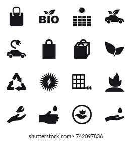 16 vector icon set : shopping bag, bio, sun power, eco car, electric car, sprouting, hand leaf, hand drop, ecology, hand and drop