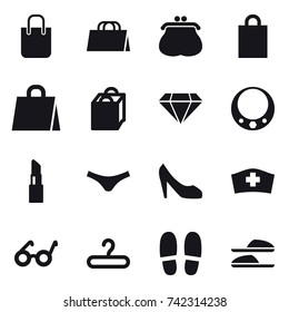 16 vector icon set : shopping bag, purse, diamond, necklace, lipstick, underpants, shoes, hanger, slippers