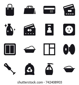 16 vector icon set : shopping bag, credit card, cleanser, identity card, power socket, power switch, washing, window, garbage bag, liquid soap, foam basin