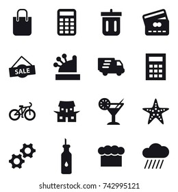 16 vector icon set : shopping bag, calculator, bin, credit card, sale, cashbox, delivery, bike, japanese house, cocktail, starfish, chef  hat, rain cloud