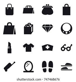16 vector icon set : shopping bag, purse, diamond, necklace, lipstick, t-shirt, suitcase, mirror, slippers 16 vector icon set : shopping bag, purse, diamond, necklace, lipstick, t-shirt, suitcase, mirror, slippers