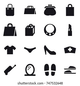 16 vector icon set : shopping bag, purse, necklace, lipstick, t-shirt, underpants, shoes, suitcase, mirror, slippers