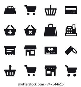 16 vector icon set : shopping bag, cart, basket, credit card, add to basket, delete cart, cashbox, atm receipt, shop