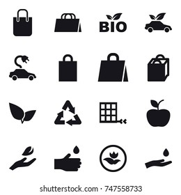 16 vector icon set : shopping bag, bio, eco car, electric car, apple, hand leaf, hand drop, ecology, hand and drop