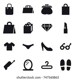 16 vector icon set : shopping bag, purse, diamond, lipstick, t-shirt, underpants, shoes, suitcase, mirror, hanger, slippers