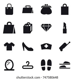 16 vector icon set : shopping bag, purse, diamond, lipstick, t-shirt, shoes, suitcase, mirror, hanger, slippers