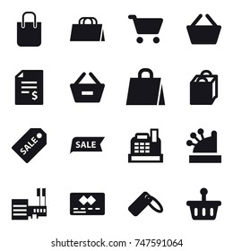 16 vector icon set : shopping bag, cart, basket, account balance, remove from basket, sale label, sale, cashbox, mall