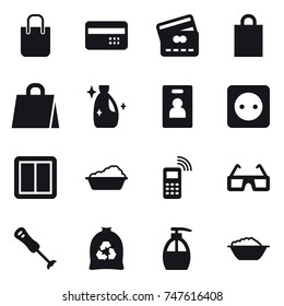 16 vector icon set : shopping bag, credit card, cleanser, identity card, power socket, power switch, washing, garbage bag, liquid soap, foam basin