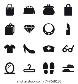 16 vector icon set : shopping bag, purse, diamond, necklace, lipstick, t-shirt, shoes, mirror, hanger, slippers