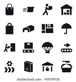 16 vector icon set : shopping bag, delivery, courier, warehouse, washing powder