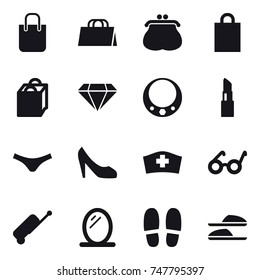 16 vector icon set : shopping bag, purse, diamond, necklace, lipstick, underpants, shoes, suitcase, mirror, slippers