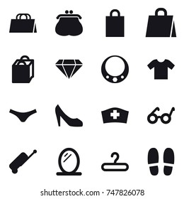 16 vector icon set : shopping bag, purse, diamond, necklace, t-shirt, underpants, shoes, suitcase, mirror, hanger, slippers