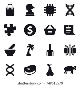 16 vector icon set : shopping bag, chess horse, chip, dna, puzzle, dollar coin, remove from basket, shopping list, palm, scoop, pear, sheep
