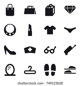 16 vector icon set : shopping bag, diamond, necklace, lipstick, t-shirt, underpants, shoes, suitcase, mirror, hanger, slippers