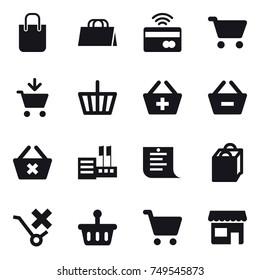 16 vector icon set : shopping bag, tap to pay, cart, add to cart, basket, add to basket, remove from basket, delete cart, store, shopping list, shop