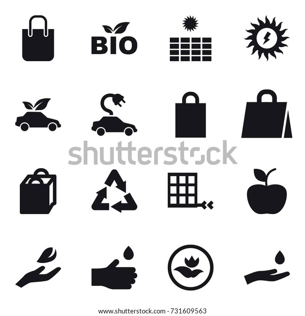 16 vector icon set : shopping bag, bio, sun power,\
eco car, electric car, apple, hand leaf, hand drop, ecology, hand\
and drop