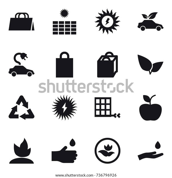 16\
vector icon set : shopping bag, sun power, eco car, electric car,\
apple, sprouting, hand drop, ecology, hand and\
drop