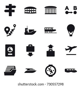 16 vector icon set : singlepost, airport building, train, air ballon, passport, baggage get, baggage, departure, cruise ship, yacht, compass