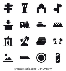 16 vector icon set : singlepost, airport tower, minaret, train, car baggage, taxi, detector, island, cruise ship, palm hammock, landscape, please clean