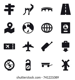 16 vector icon set : singlepost, greate wall, bridge, earth, globe, passport, ticket, airplane, suitcase, baggage get, compass, do not distrub, trailer, windmill