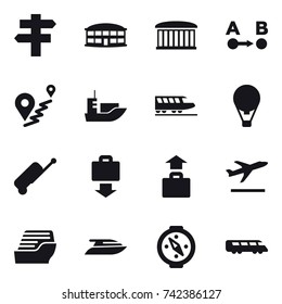16 vector icon set : singlepost, airport building, train, air ballon, suitcase, baggage get, baggage, departure, cruise ship, yacht, compass
