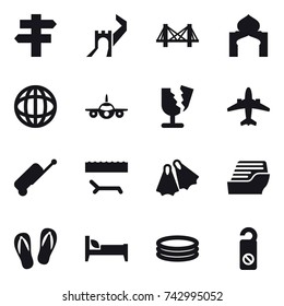 16 vector icon set : singlepost, greate wall, bridge, minaret, airplane, suitcase, lounger, flippers, cruise ship, flip-flops, bed, inflatable pool, do not distrub