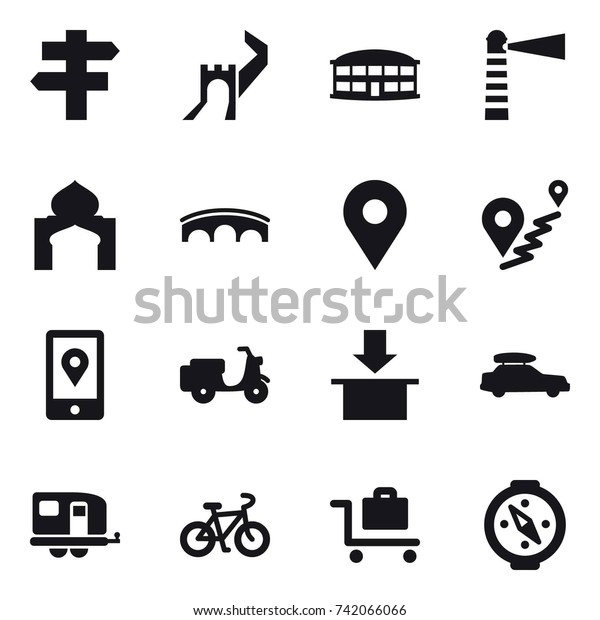 16 vector icon set : singlepost, greate\
wall, airport building, lighthouse, minaret, bridge, car baggage,\
trailer, bike, baggage trolley,\
compass