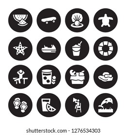 16 vector icon set : Slice of melon, Life guard, Lime juice, Pair flip flops, Pamela hat, Jumping Dolphin, Sea star, Relax, Sand bucket and shovel isolated on black background