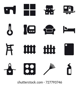 16 vector icon set : slum, window, japanese house, trailer, thermometer, intercome, armchair, bed, Chair for babies, radiator, fence, cutting board, apron, rake, toilet cleanser