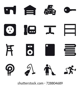 16 vector icon set : slum, garage, modern architecture, key, power socket, intercome, table, rack, Chair for babies, speaker, cutting board, towels, vacuum cleaner, brooming