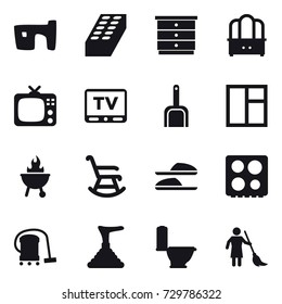 16 vector icon set : slum, brick, chest of drawers, dresser, tv, scoop, window, bbq, rocking chair, slippers, vacuum cleaner, plunger, toilet, brooming