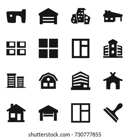 16 vector icon set : slum, garage, modern architecture, house with garage, panel house, window, building, district, house, bungalow, home, scraper