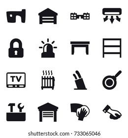 16 vector icon set : slum, garage, school, air conditioning, locked, alarm, table, rack, tv, radiator, stands for knives, pan, repair tools, wiping