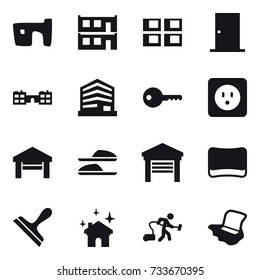 16 vector icon set : slum, modular house, panel house, door, school, key, power socket, garage, slippers, sponge, scraper, house cleaning, vacuum cleaner, floor washing