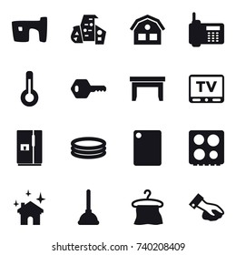 16 vector icon set : slum, modern architecture, house, thermometer, key, table, tv, fridge, inflatable pool, cutting board, house cleaning, plunger, hanger, wiping