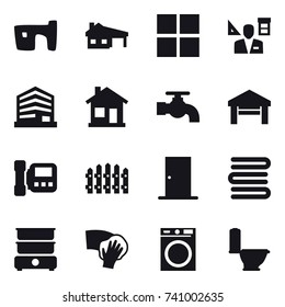 16 vector icon set : slum, house with garage, window, architector, home, water tap, garage, intercome, fence, door, towels, wiping, washing machine, toilet