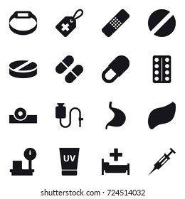 16 vector icon set : smart bracelet, uv cream, hospital, syringe