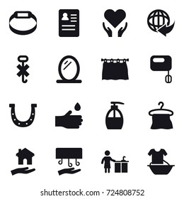 16 vector icon set : smart bracelet, mirror, curtain, horseshoe, hand drop, liquid soap, hanger, housing, hand dryer, kitchen cleaning, handle washing