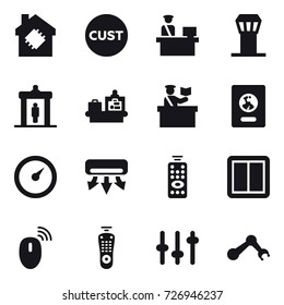 16 vector icon set : smart house, airport tower, detector, baggage checking, inspector, passport, barometer, air conditioning, remote control, power switch