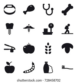 16 vector icon set : smart bracelet, chicken leg, tourist, garlic clasp, spikelets, mushroom, apple, peas, shampoo, tooth brush