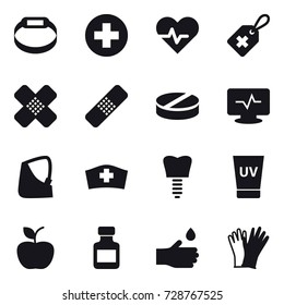 16 vector icon set : smart bracelet, uv cream, apple, pills bottle, hand drop, gloves